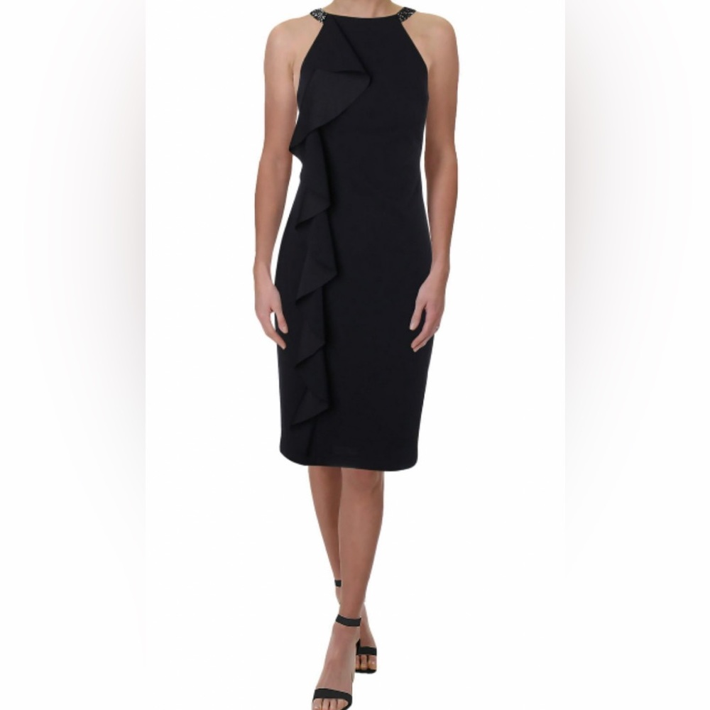Lauren Ralph Lauren 18 Knoelyn Ruffled Cocktail Sheath Dress Navy Beaded Halter